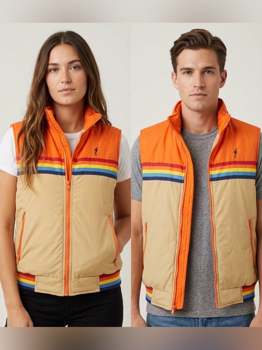 Vintage 1980s Lightning Bolt Striped Puffer Vest – Unisex Retro Surf Style